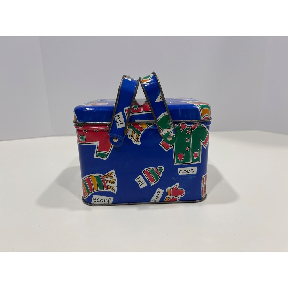 Vintage 1995 Bath and Body Works Blue Winter Clothes Metal Tin Picnic Basket Box